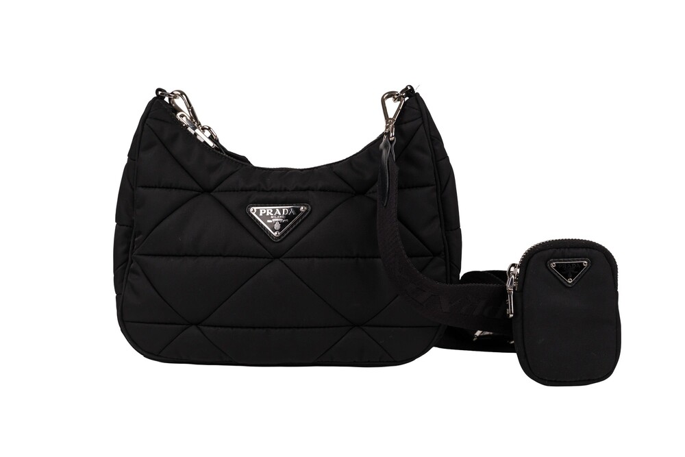 Prada Black Geometric Quilted Re-Edition 2005 Shoulder Bag Padded Re-Nylon Silve
